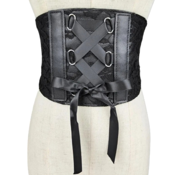 ASOS Black Floral Lace Satin Ribbon Button Closure Corset Wide Waist Belt 33" - Picture 3 of 16